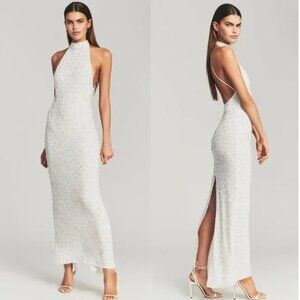 Retrofete Olivia Hand Beaded Sequin Halter Open Back Gown White $800
